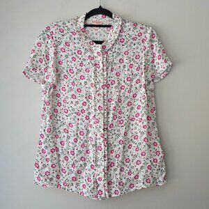 BROOKS BROTHERS Short Sleeve Floral Button Down Blouse | 12 | White Pink Ruffle